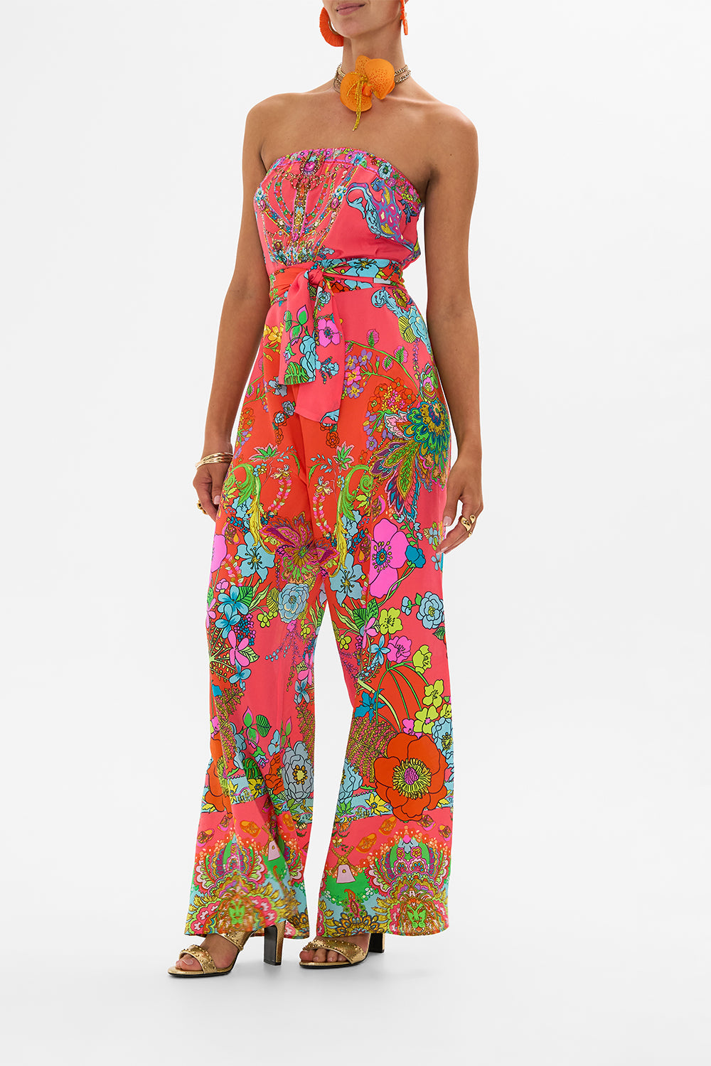 CAMILLA Pink Tie Waist Strapless Jumpsuit in Windmills and Wildflowers print