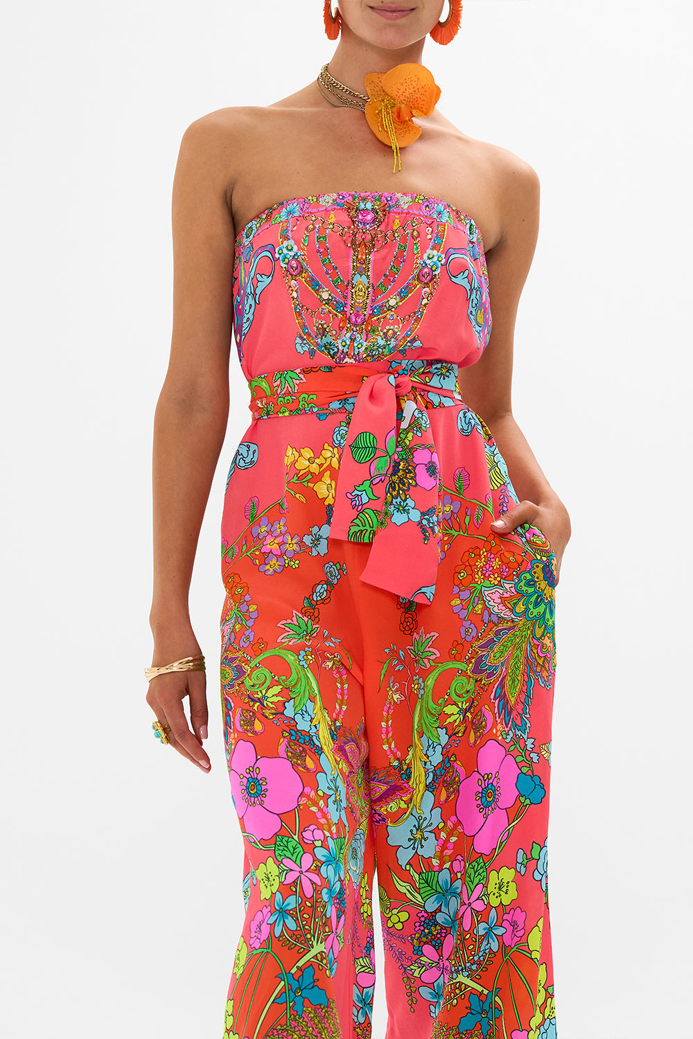 CAMILLA Pink Tie Waist Strapless Jumpsuit in Windmills and Wildflowers print