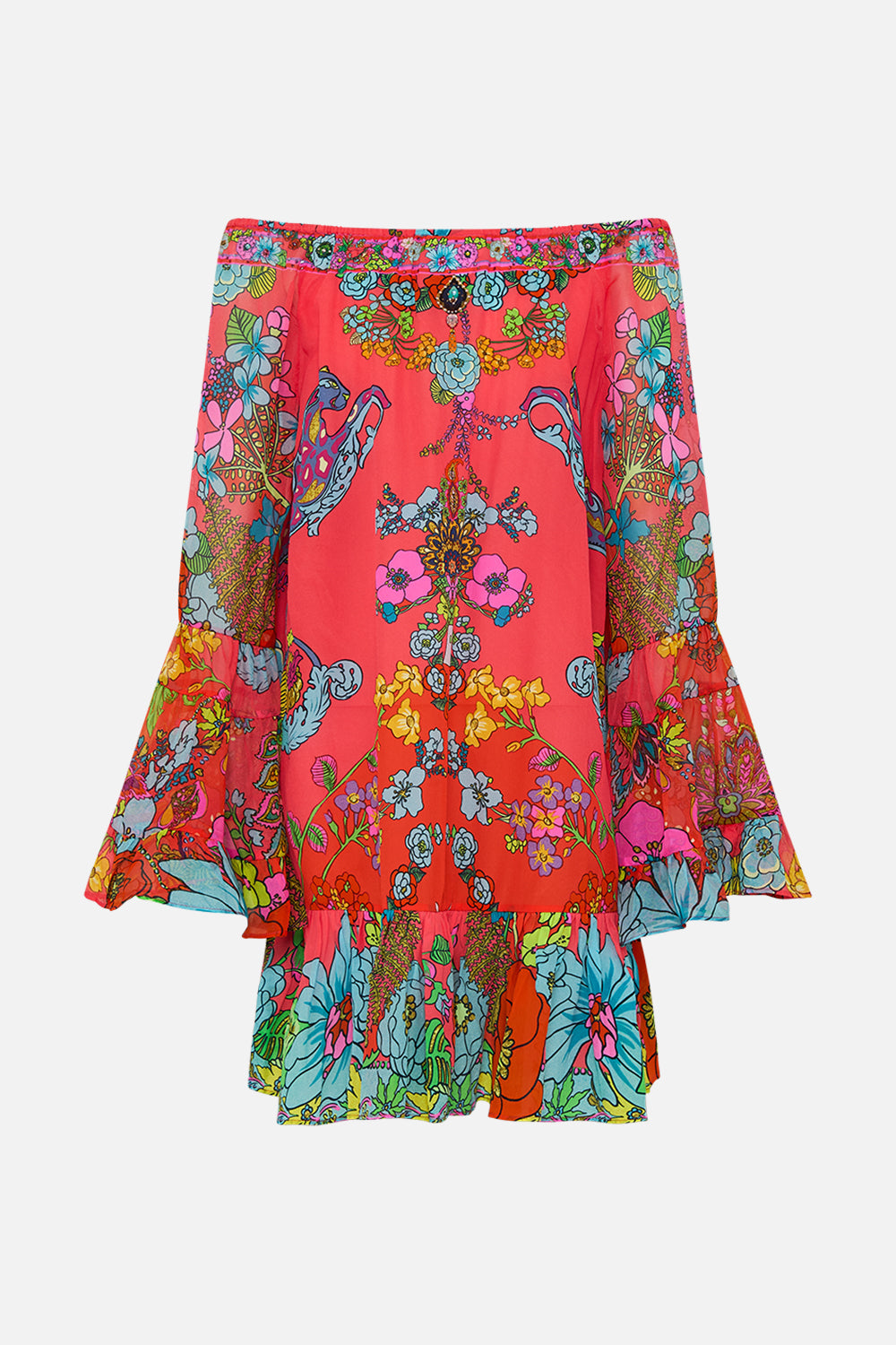 CAMILLA Pink A-Line Frill Dress in Windmills and Wildflowers print