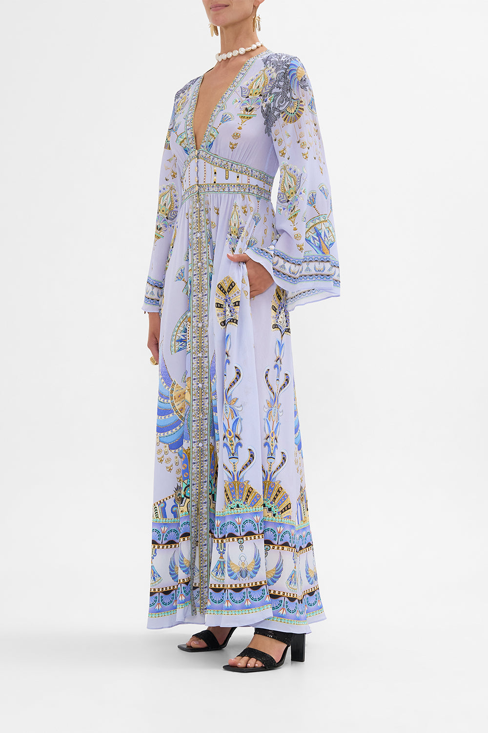 CAMILLA Kimono Sleeve Dress with Shirring Detail in Under Scarab Skies print
