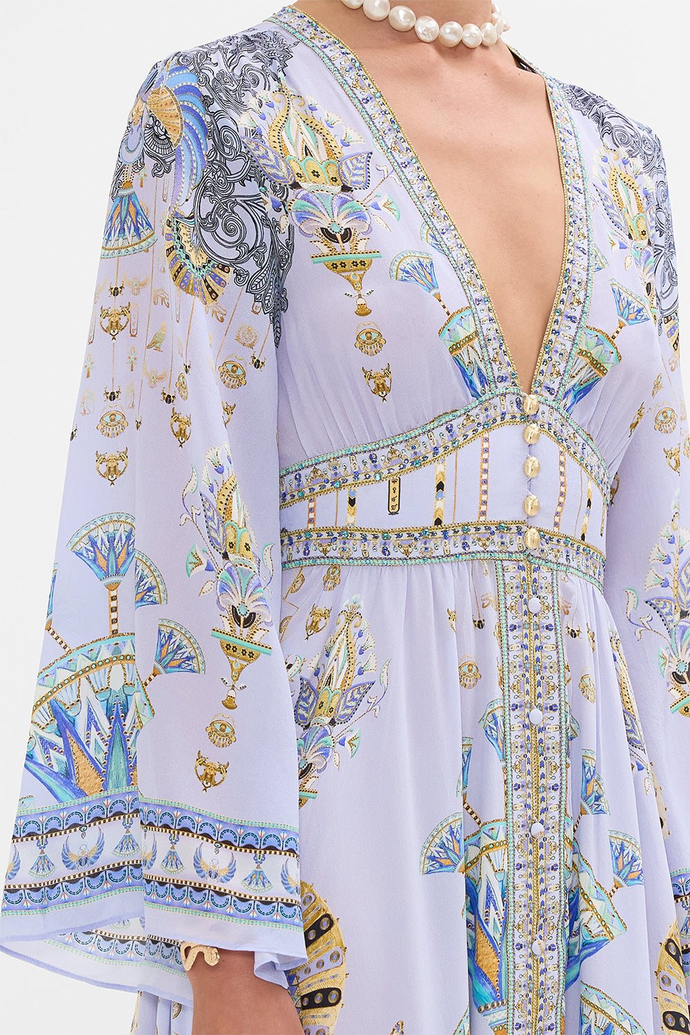 CAMILLA Kimono Sleeve Dress with Shirring Detail in Under Scarab Skies print
