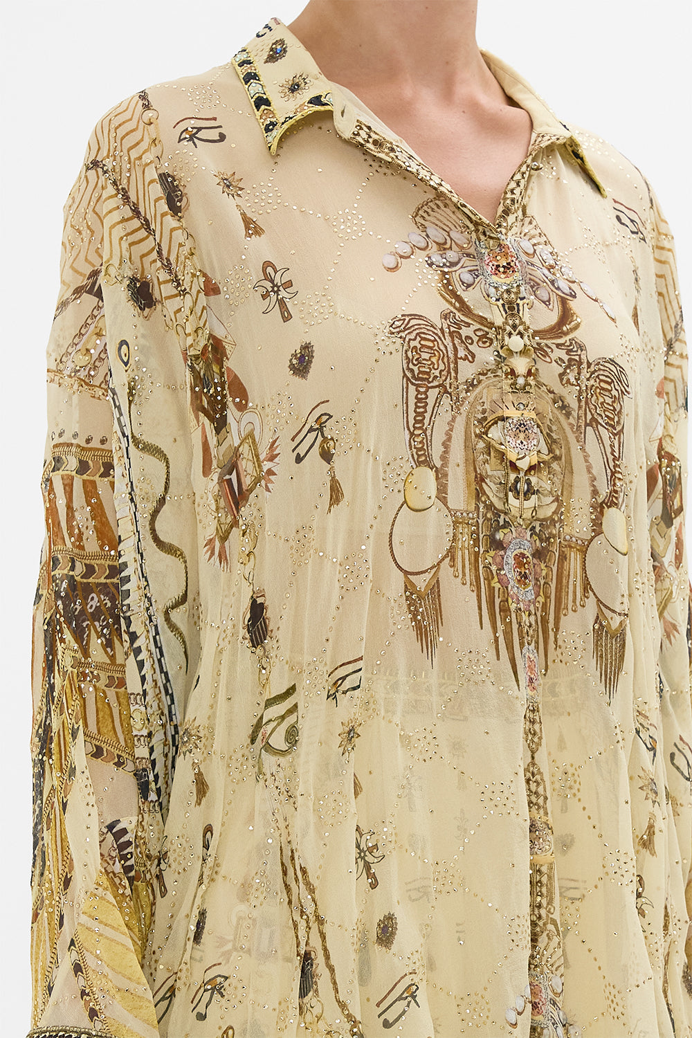 CAMILLA Gold Badla Embellished Button-Up Draped Back Top in Gateway to the Afterlife Print