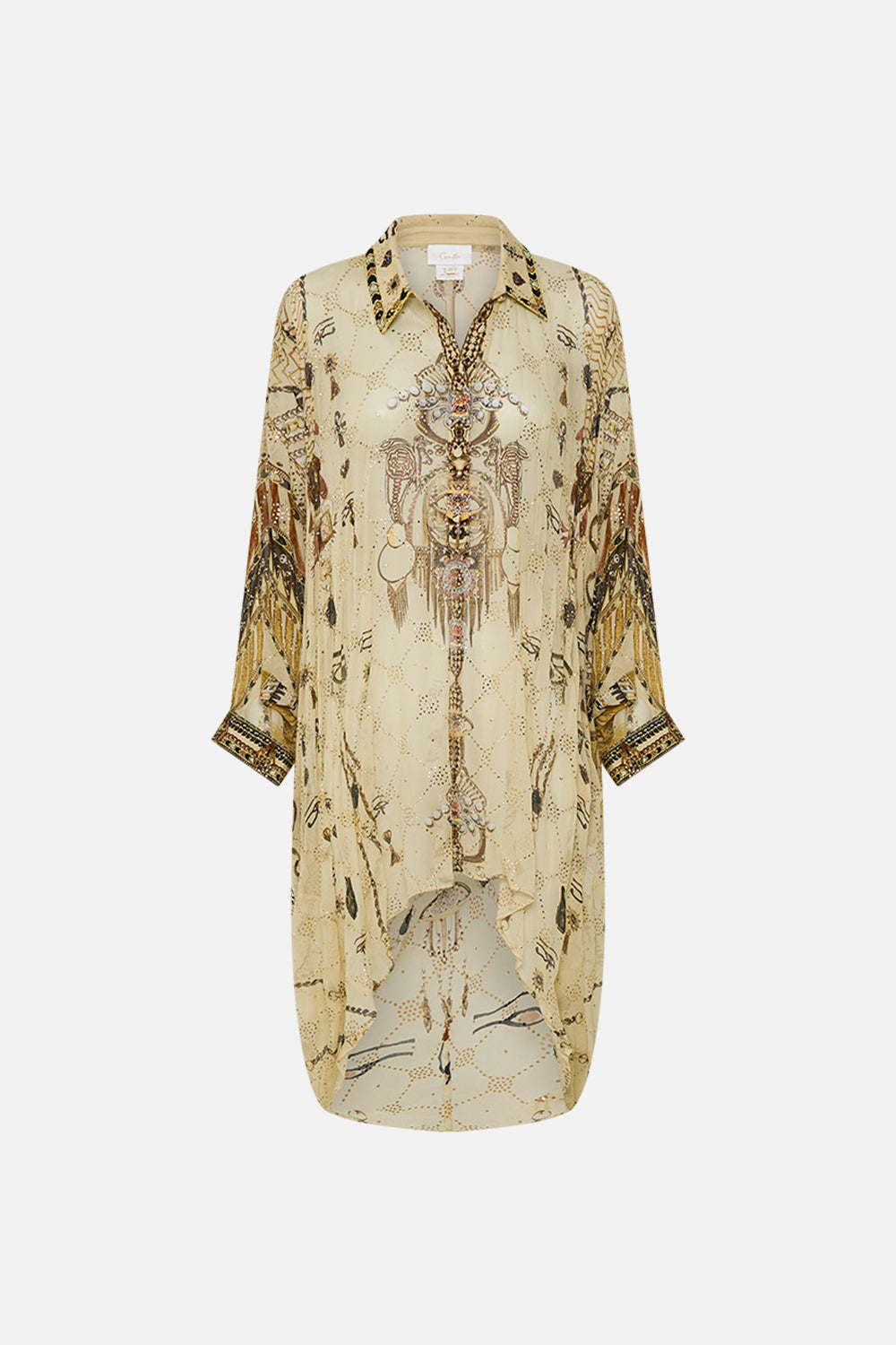 CAMILLA Gold Badla Embellished Button-Up Draped Back Top in Gateway to the Afterlife Print