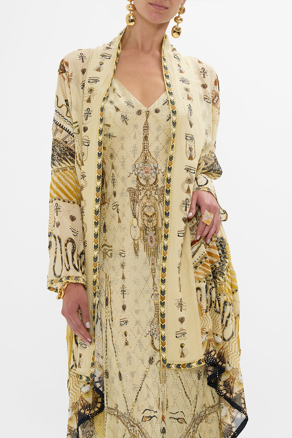 CAMILLA Gold Relaxed Cocoon Layer in Gateway to the Afterlife Print