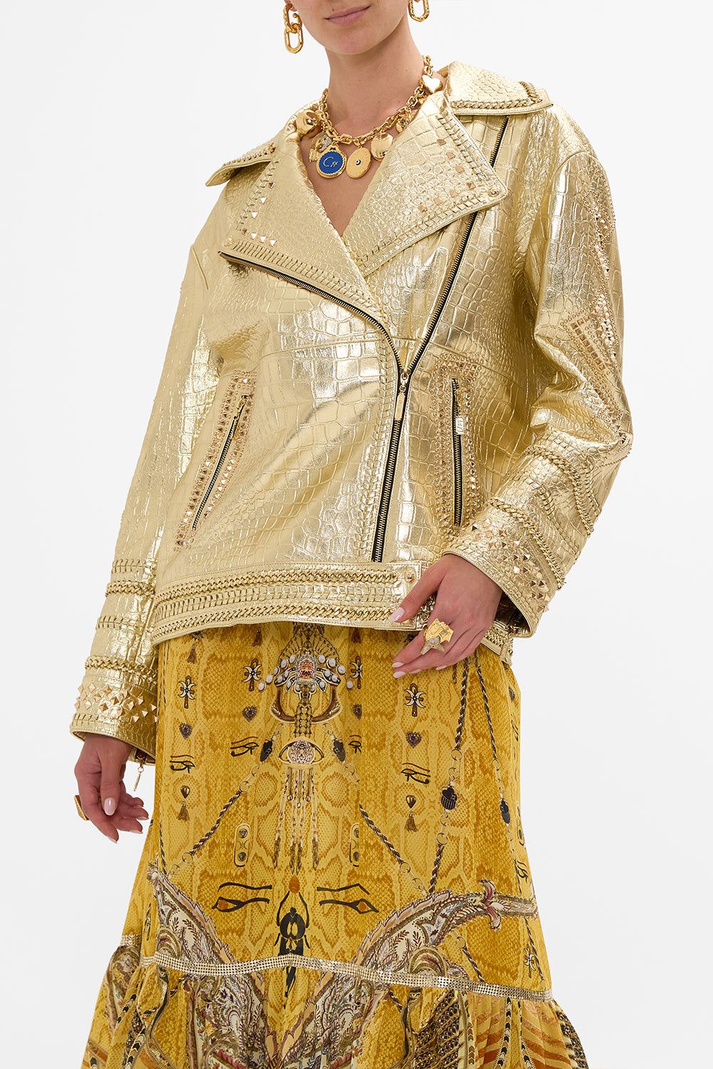 CAMILLA Oversized Leather Biker Jacket in Valley of the Kings Print