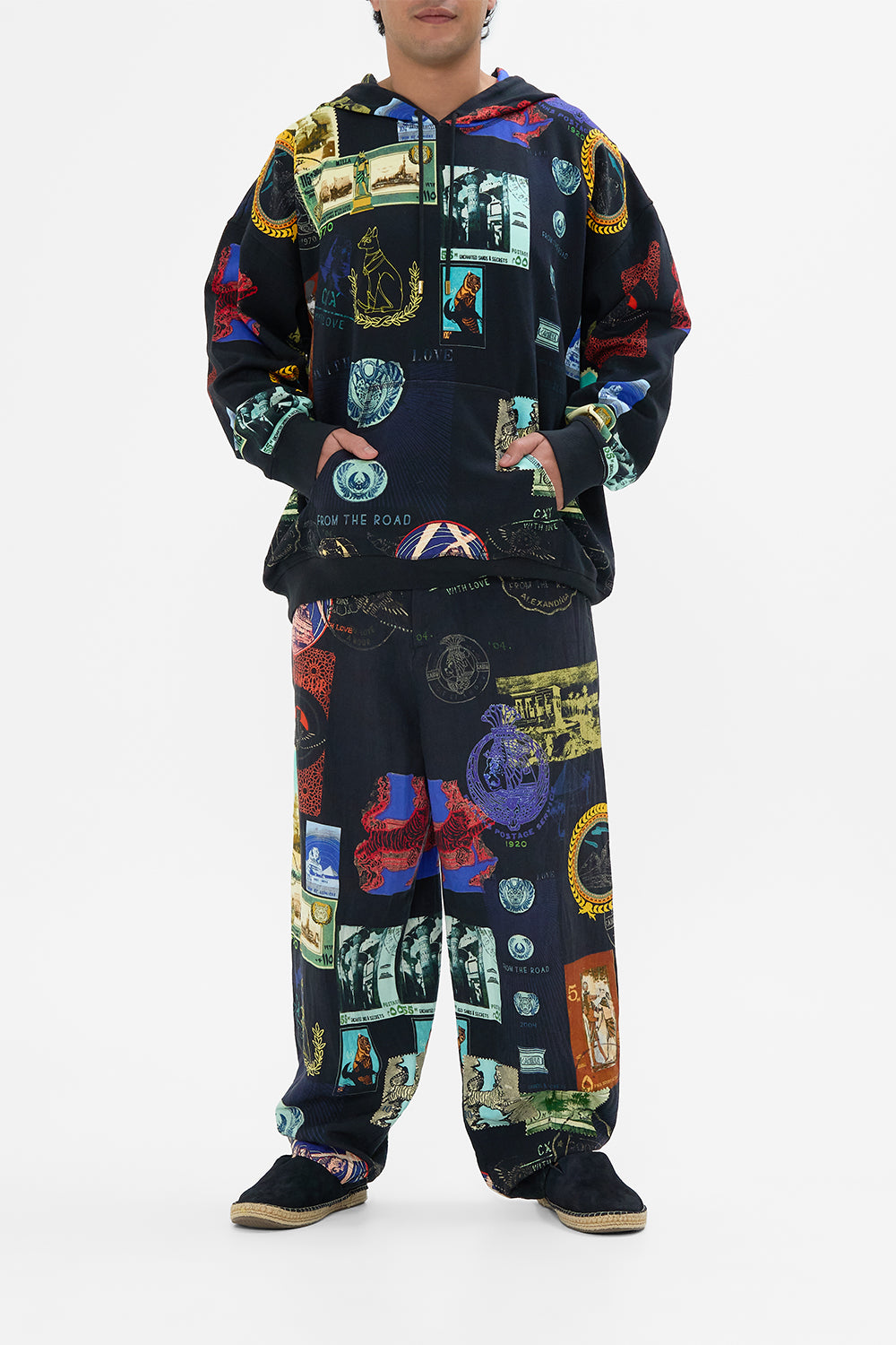 Hotel Franks By CAMILLA black oversized relaxed fit hoodie in Landmarks and Love Letters print