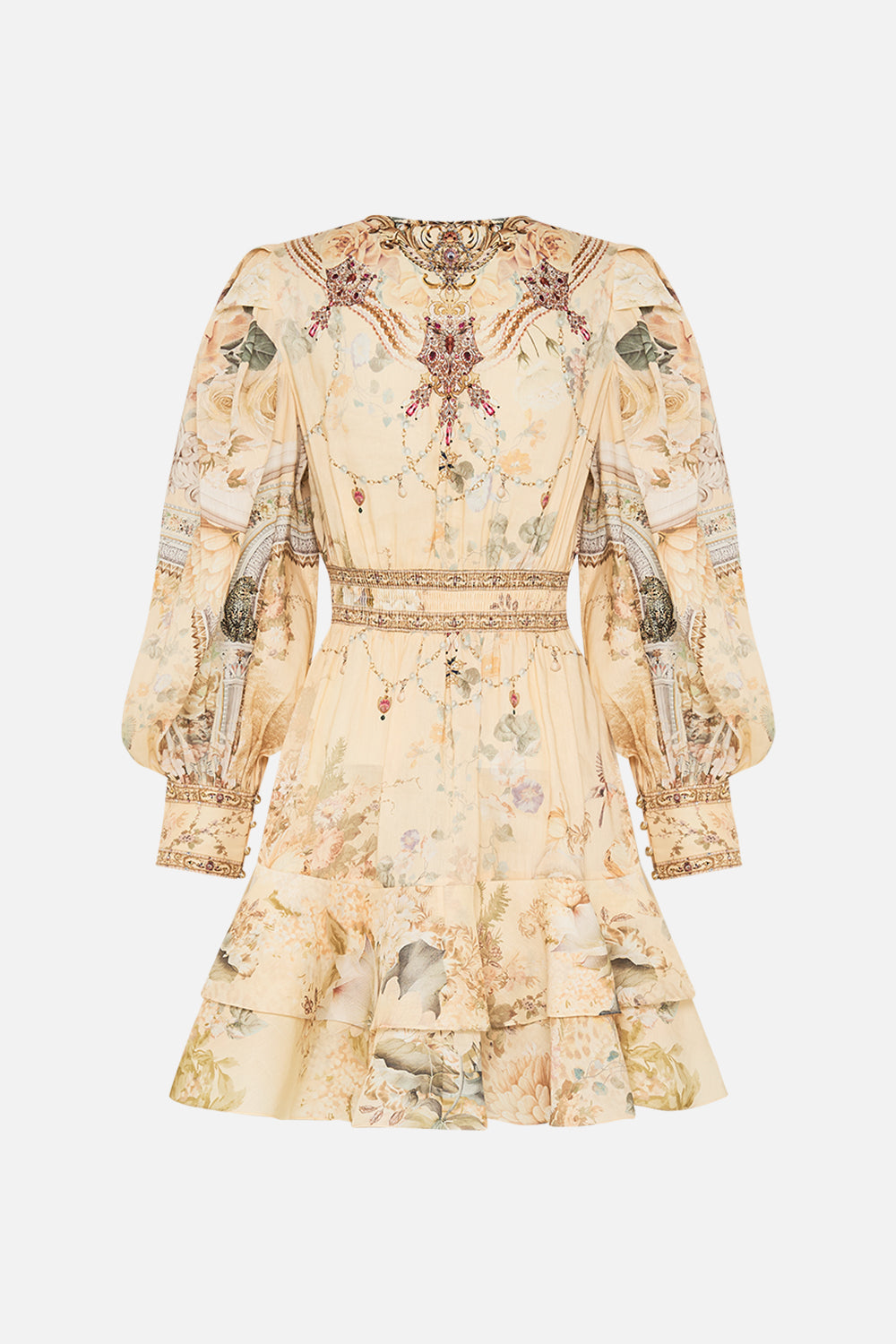 CAMILLA floral button front frill dress in Adorned in Antiquity print.