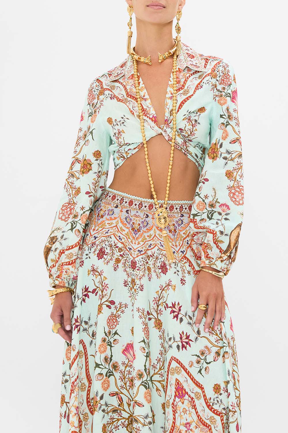 CAMILLA Cropped Wrap Shirt in Weaving Worlds print