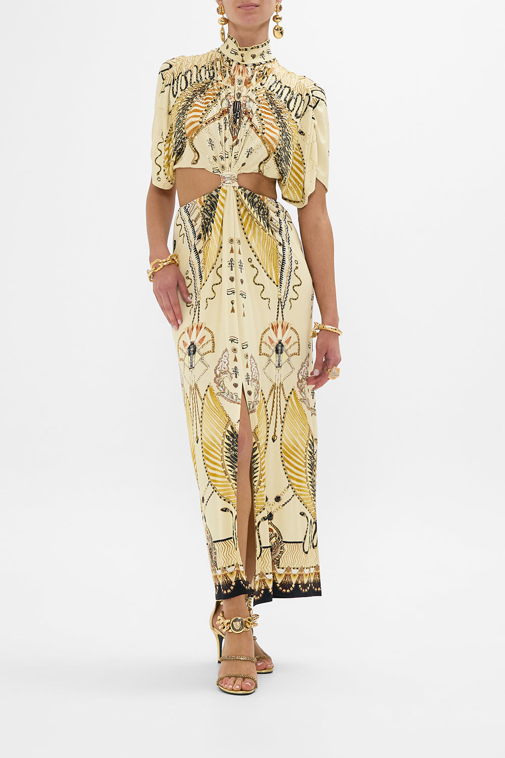 CAMILLA Gold High Neck Twist Cut-Out Jersey Dress in Gateway to the Afterlife Print
