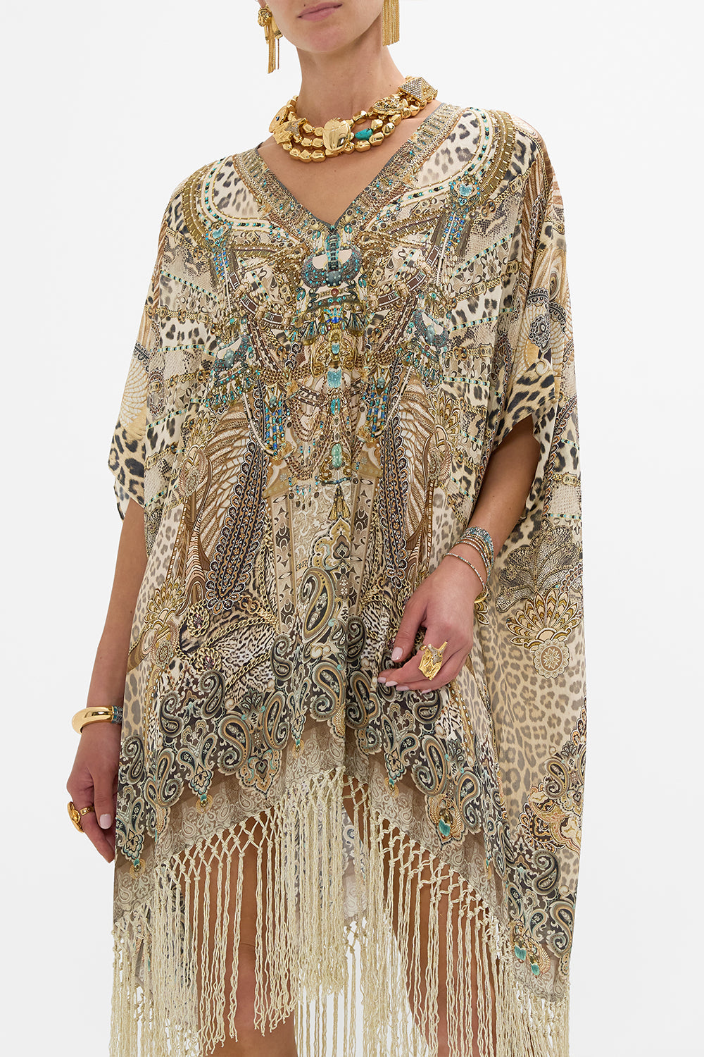 CAMILLA Rectangular V Neck Kaftan with Fringing in The Throne Room print