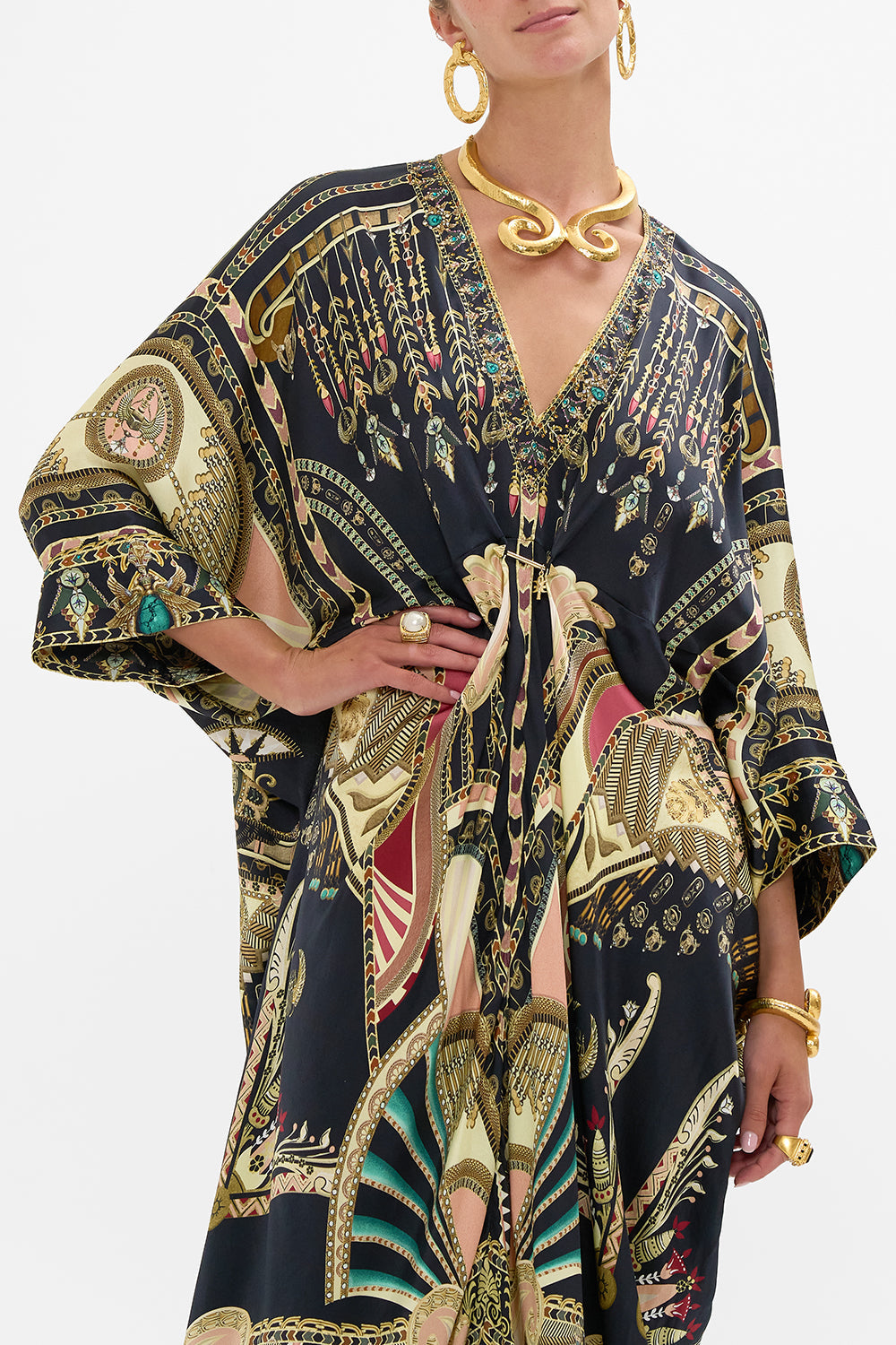 CAMILLA Black/Gold Pierced V-Neck Kaftan in They Called Her Nefertari print