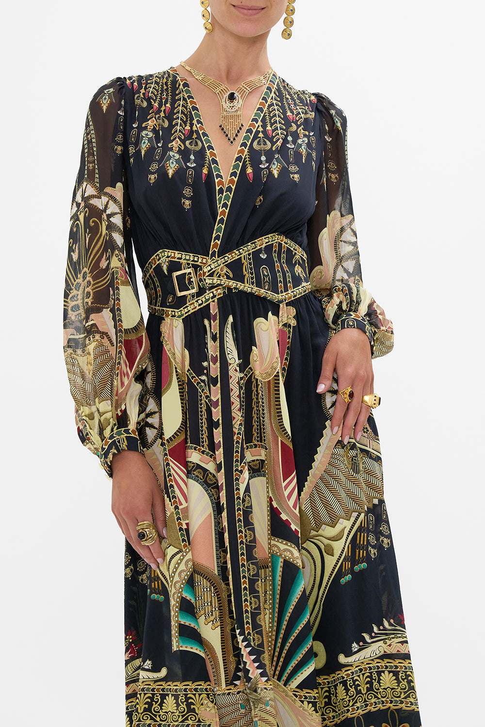 CAMILLA Black/Gold Peaked Waistband Long Dress in They Called Her Nefertari print