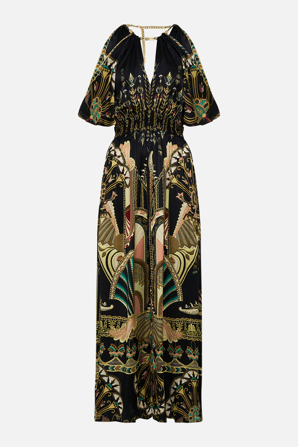 CAMILLA Neck Piece Shirred Waist Long Dress in They Called Her Nefertari print