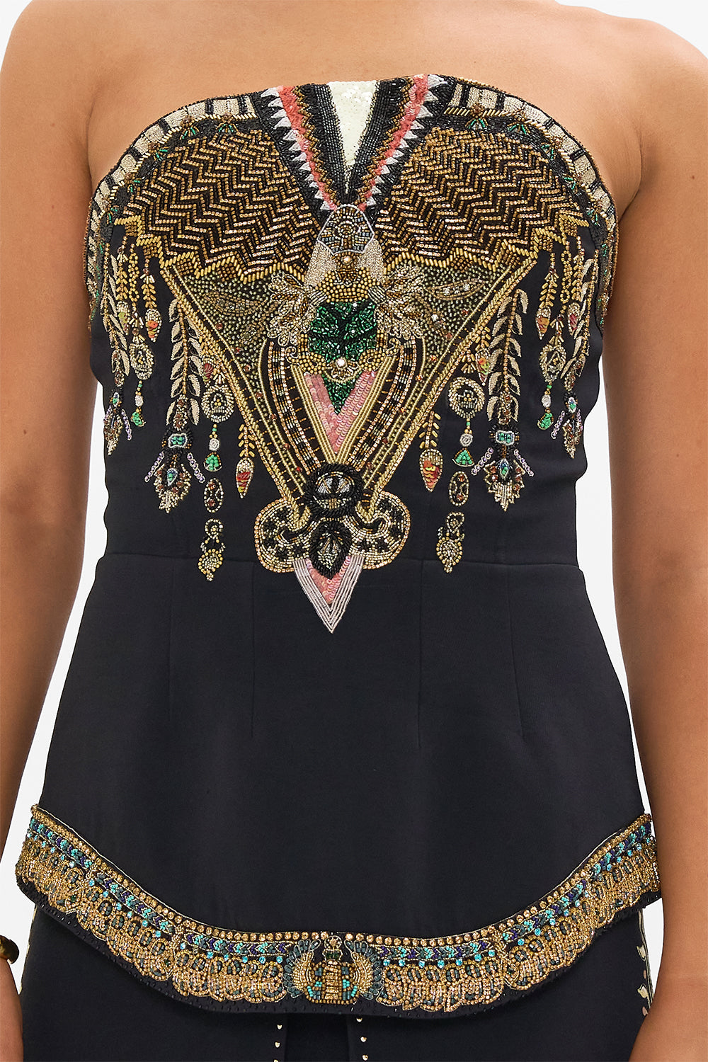 CAMILLA Black/Gold Heavily Embellished Curved Hem Detail Corset in They Called Her Nefertari print