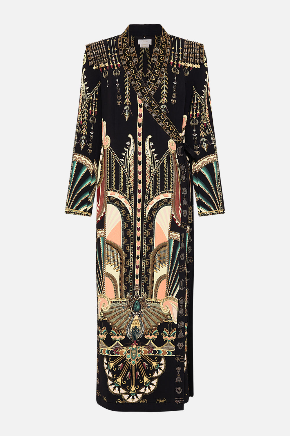 CAMILLA Black/Gold Hand Embellished Cross Over Coat in They Called Her Nefertari print