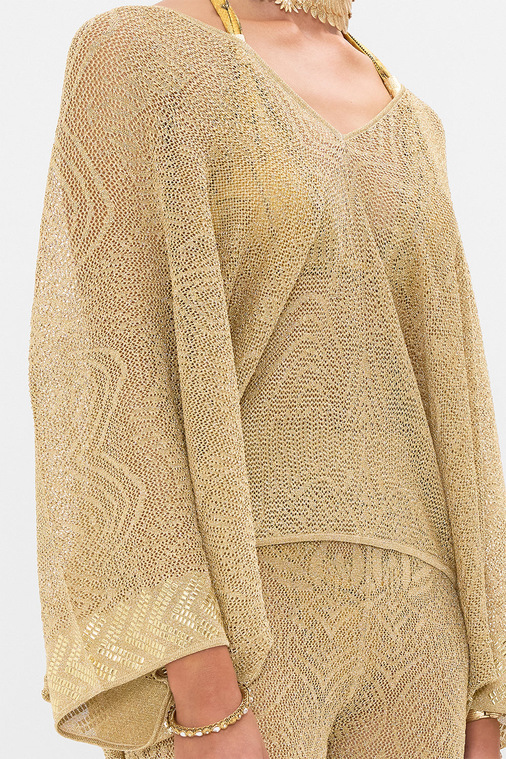 Hotel Franks by CAMILLA Gold Relaxed V-Neck Knit Pointelle Top in Valley of the Kings Print