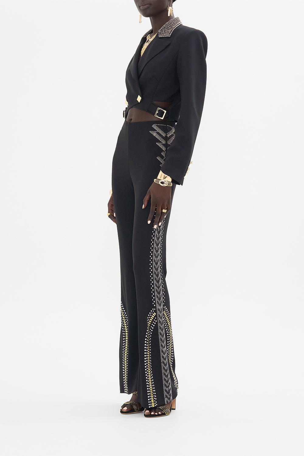 CAMILLA Black/Gold Cropped Jacket with Cutout and Buckle Detail in They Called Her Nefertari print