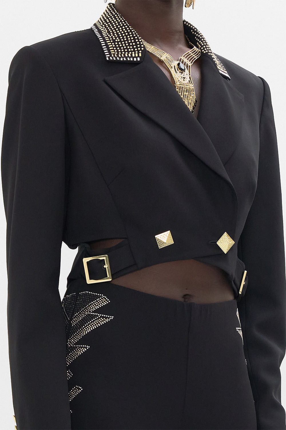 CAMILLA Black/Gold Cropped Jacket with Cutout and Buckle Detail in They Called Her Nefertari print