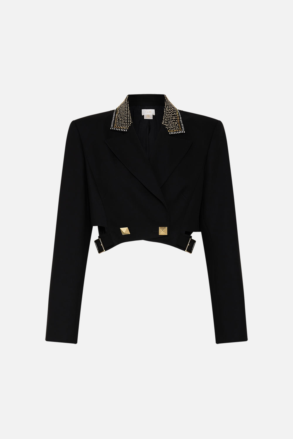 CAMILLA Black/Gold Cropped Jacket with Cutout and Buckle Detail in They Called Her Nefertari print