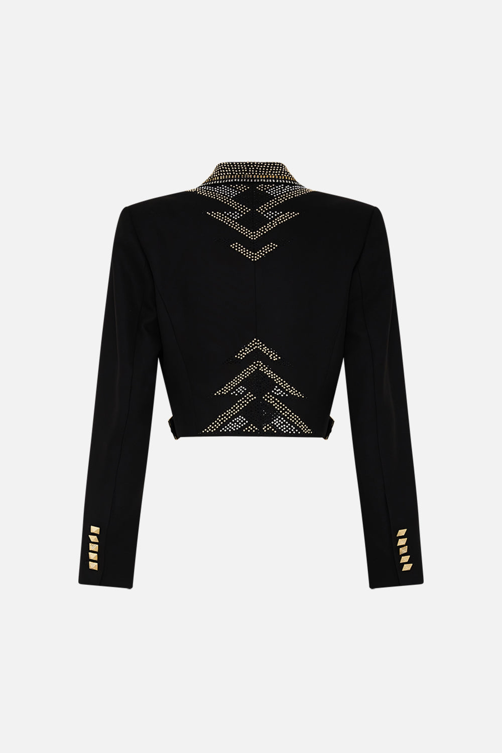 CAMILLA Black/Gold Cropped Jacket with Cutout and Buckle Detail in They Called Her Nefertari print