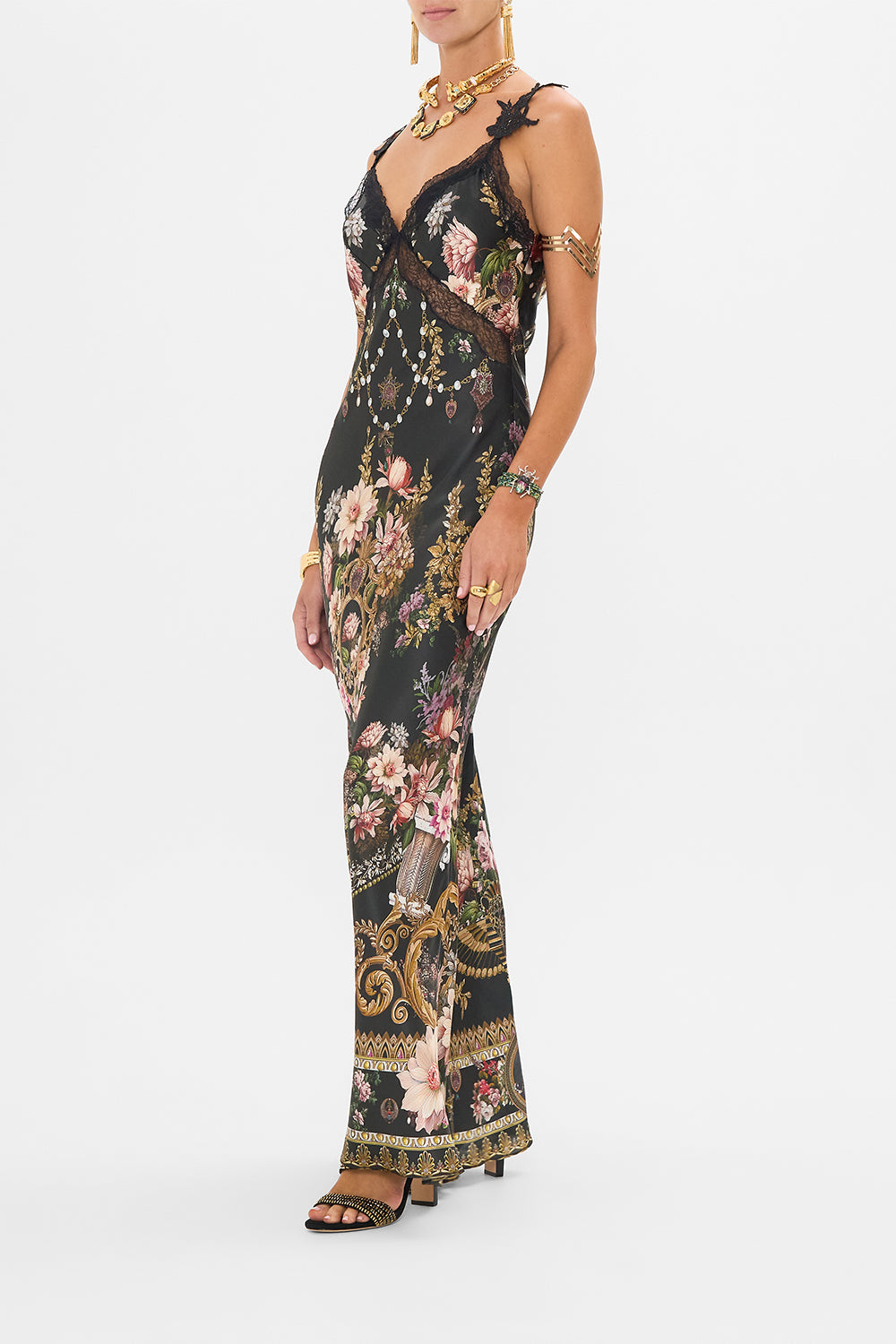 CAMILLA v neck full length bias slip in Dyansty Daze print.