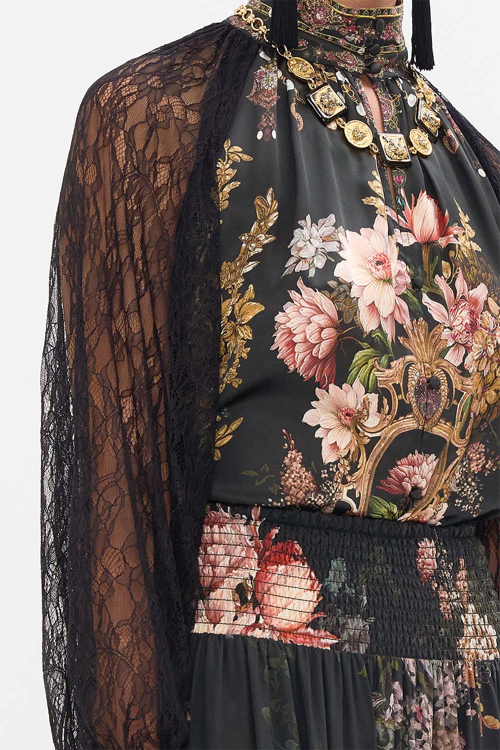 CAMILLA raglan button up shirt with lace at sleeve in Dynasty Daze print.