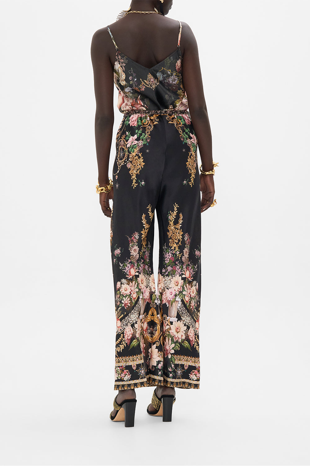 CAMILLA v neck bias cami with lace and embroidery in Dyansty Daze print.