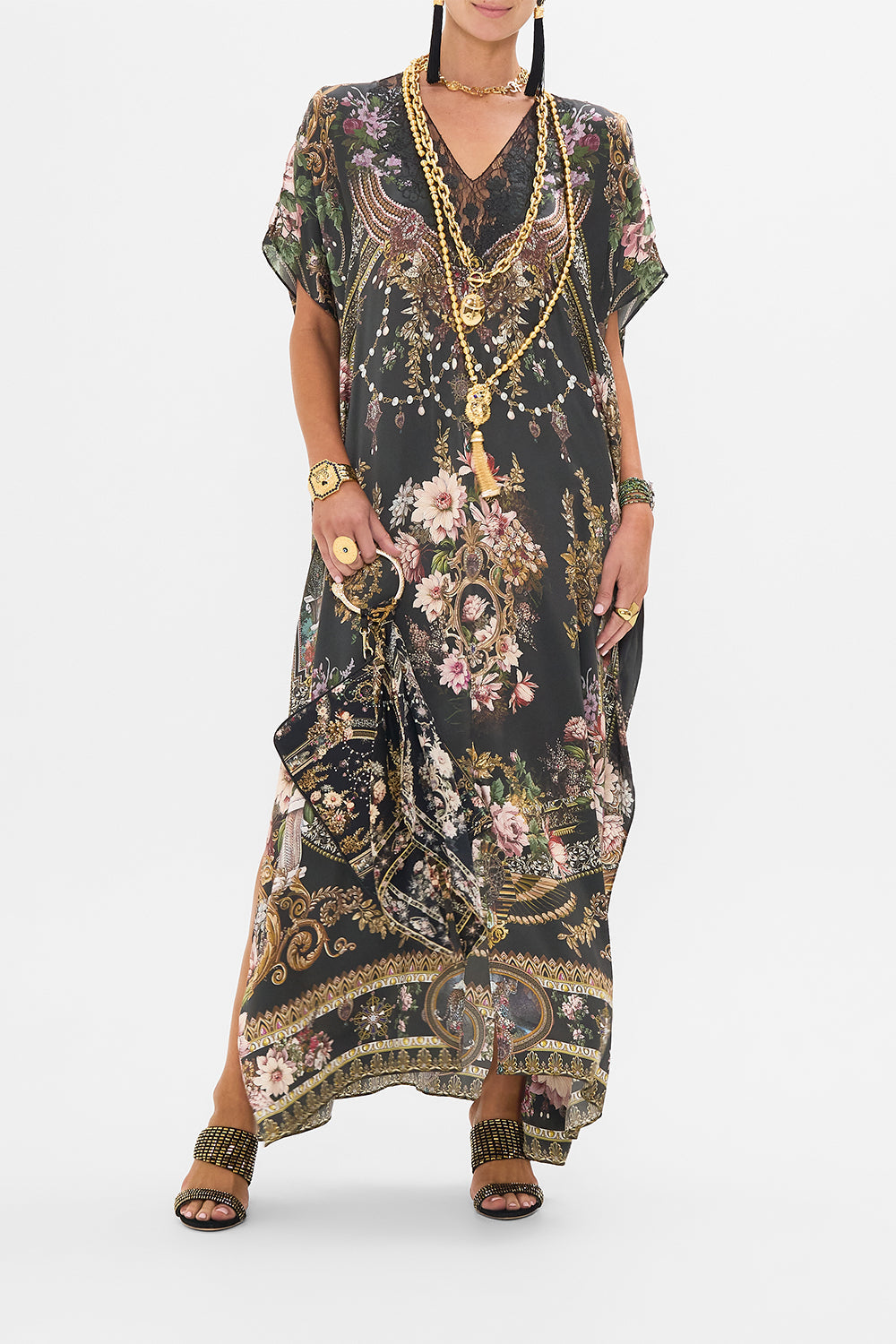 CAMILLA slim fit kaftan with lace and embroidery in Dynasty Daze print.