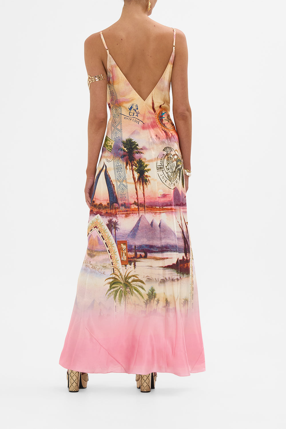 CAMILLA v neck full length bias slip dress in Milla's Got Mail print.