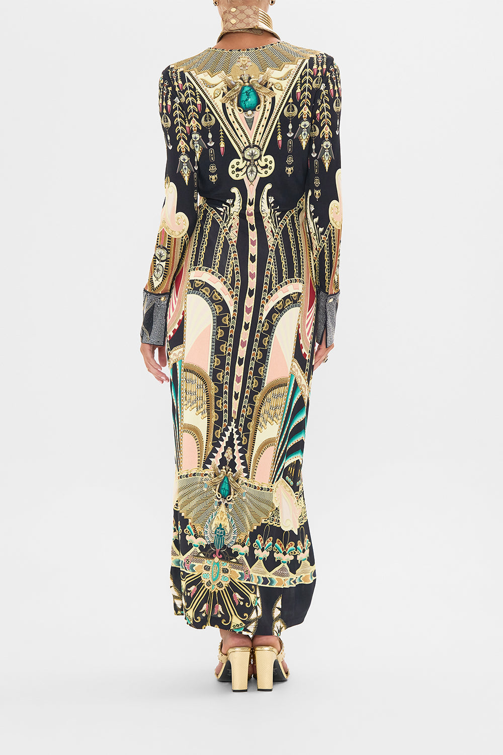 CAMILLA Long V-Neck Twist Front Jersey Dress in They Called Her Nefertari print