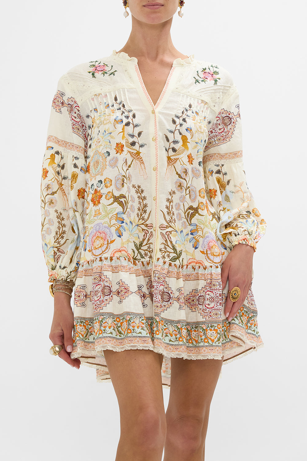 CAMILLA Pintuck Yoke Short Dress in Honour of Heirlooms print