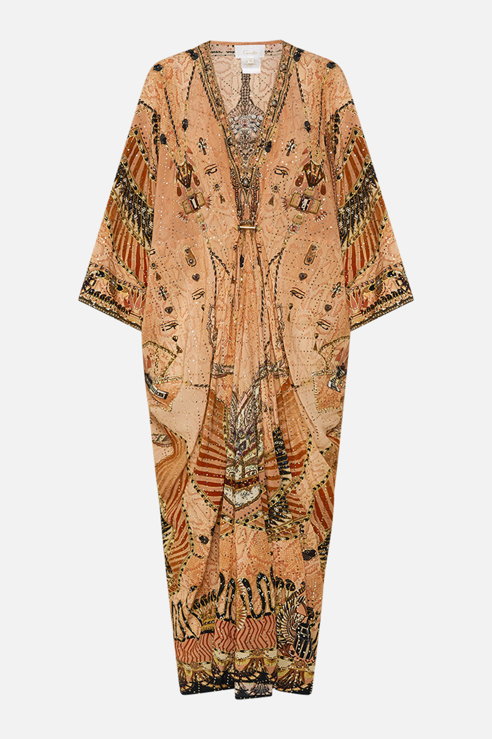 CAMILLA Gold Pierced V-Neck Embellished Kaftan in Kingdom of Hieroglyphs Print
