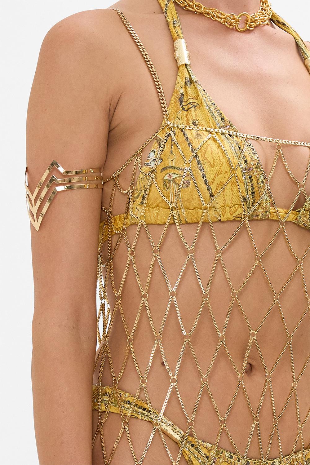 CAMILLA Gold Square Neck Midi Dress in Valley of the Kings Print