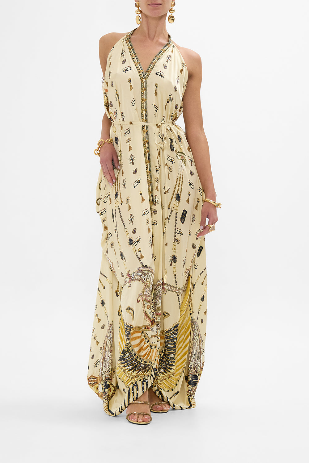 CAMILLA Gold Jumpsuit with Drop Crotch in Gateway to the Afterlife Print