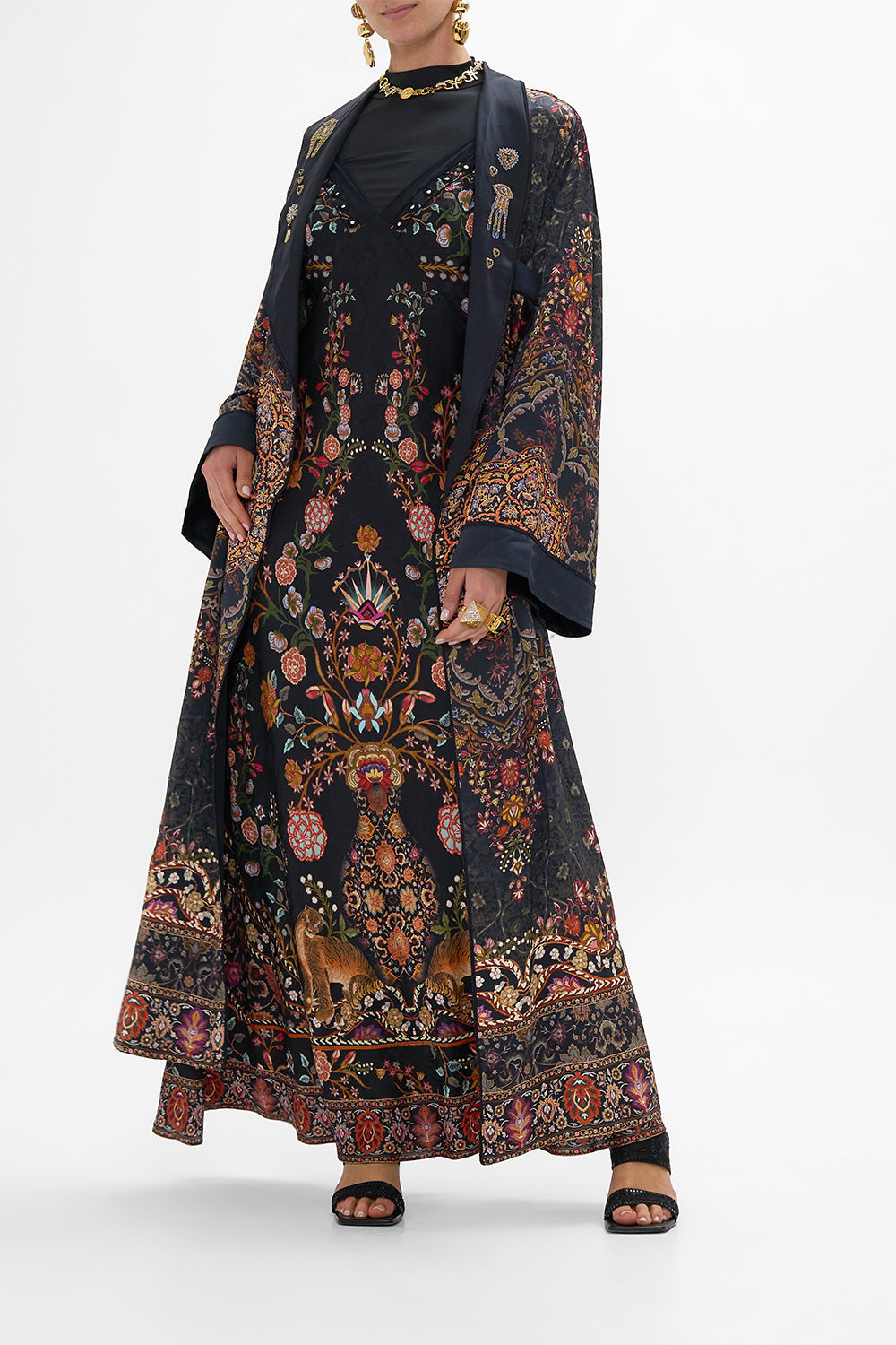 CAMILLA Long Robe with Flared Sleeve in Loom to Tomb print