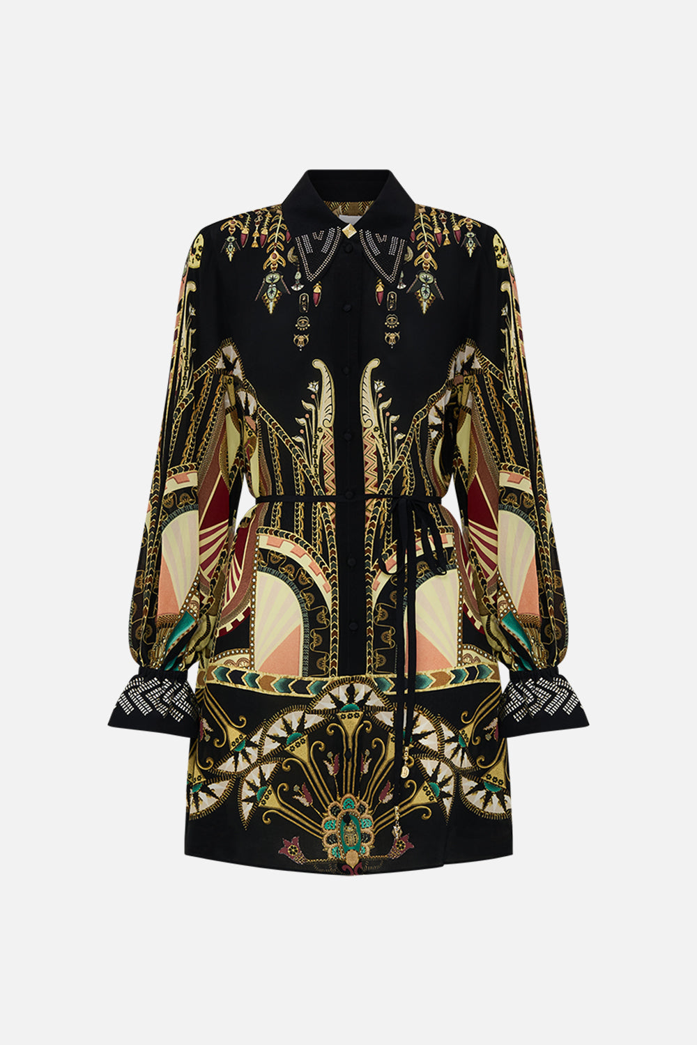 CAMILLA Black/Gold Shift Shirt Dress with Glomesh Cuff in They Called Her Nefertari print