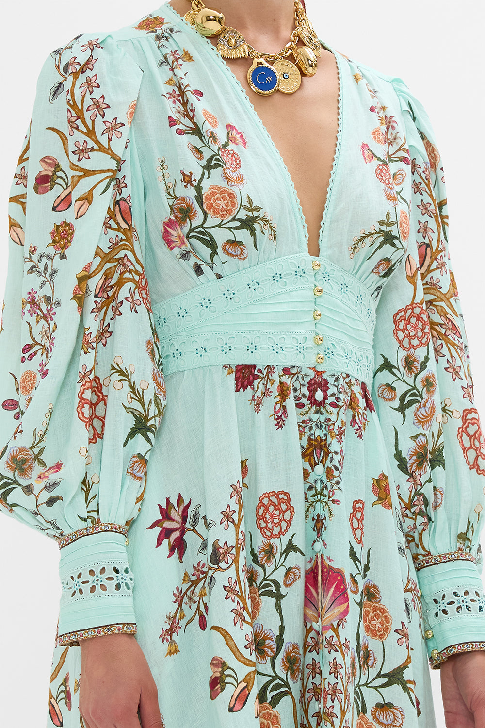 CAMILLA Shaped Waistband Dress with Gathered Sleeves in Weaving Worlds print