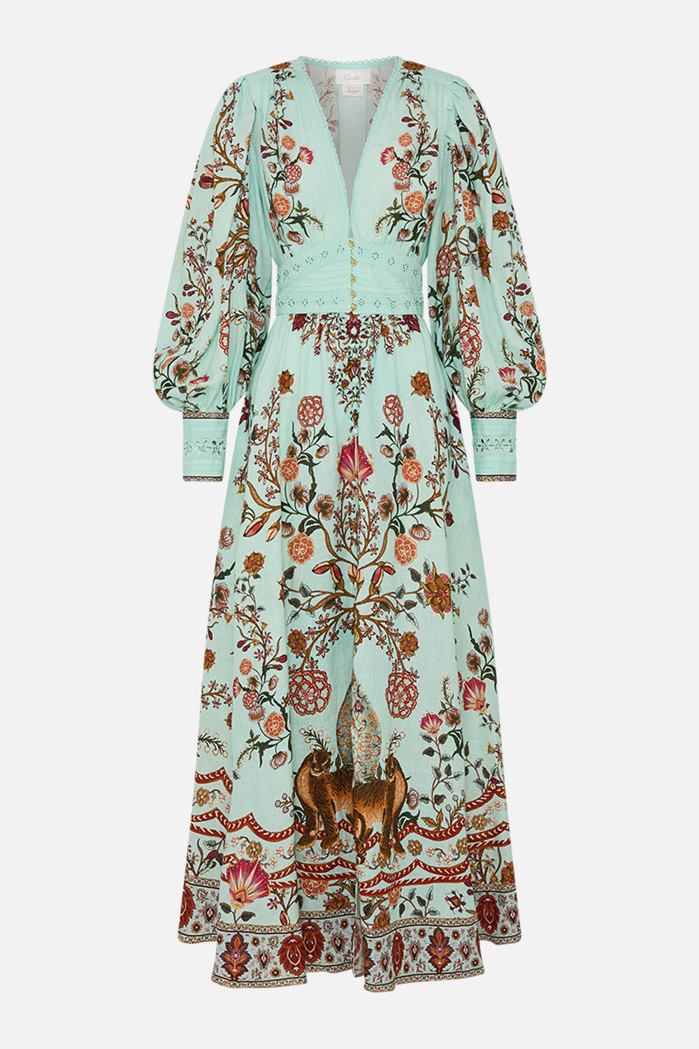 CAMILLA Shaped Waistband Dress with Gathered Sleeves in Weaving Worlds print