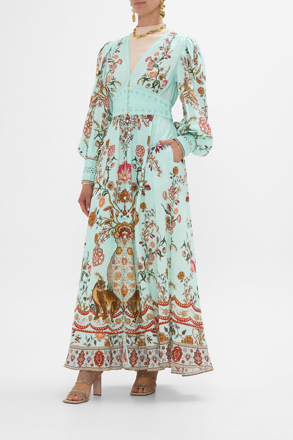 CAMILLA Shaped Waistband Dress with Gathered Sleeves in Weaving Worlds print