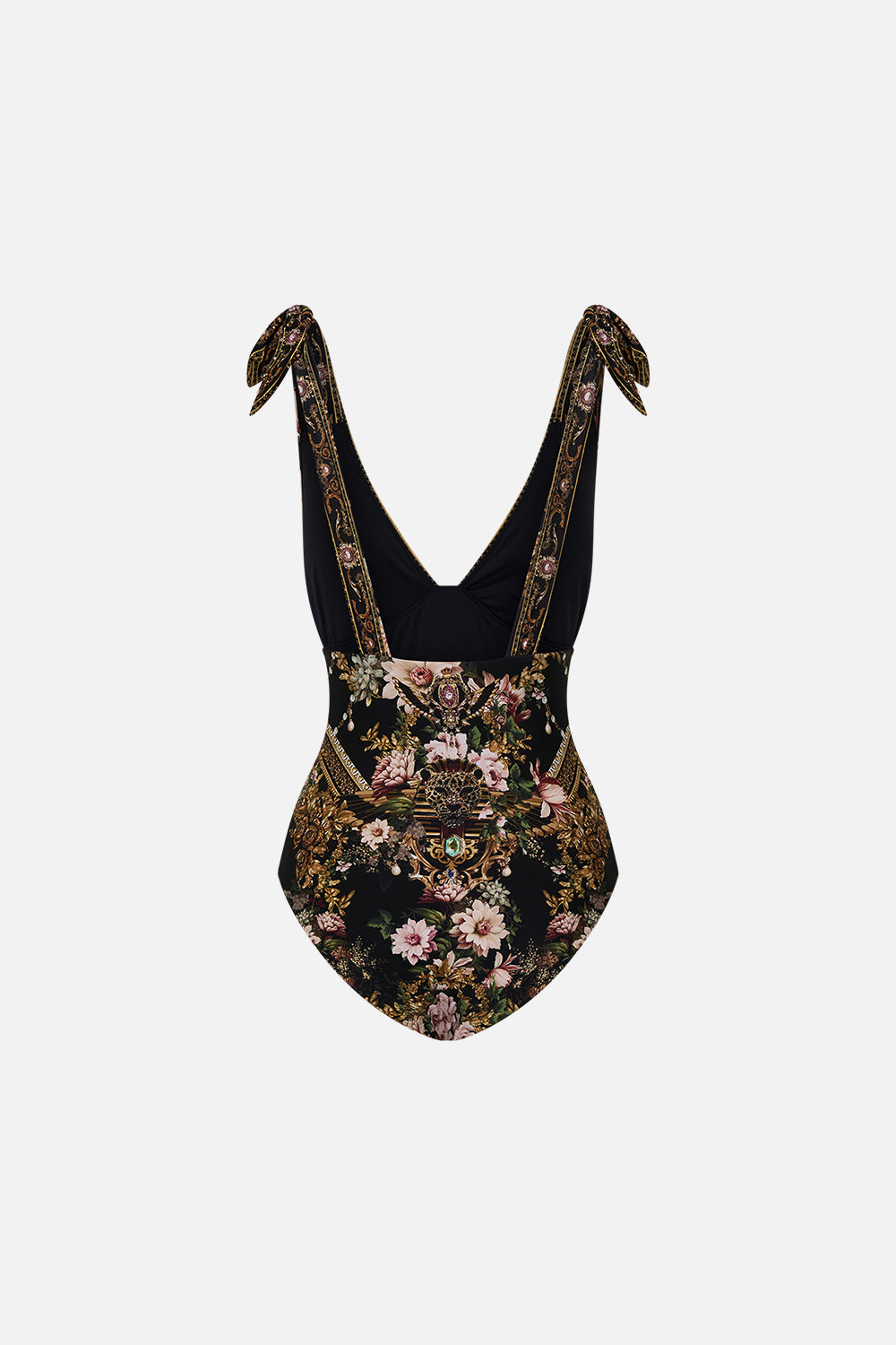 CAMILLA ruched tri tie shoulder one piece in The Dynasty Daze print.