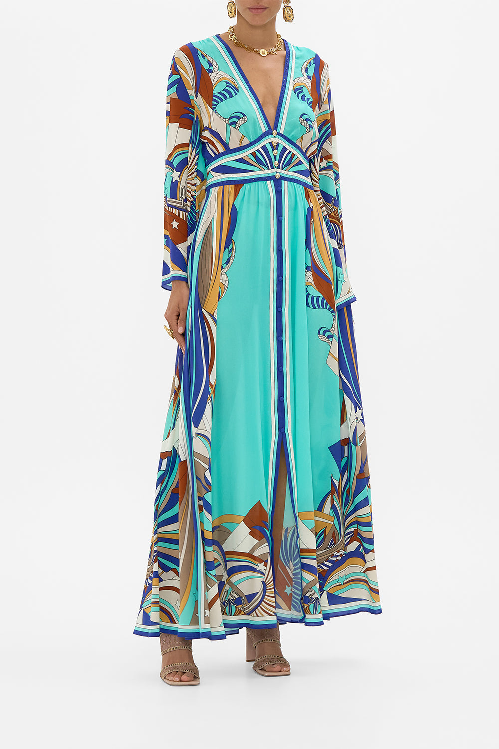 CAMILLA Kimono Sleeve Dress With Shirring Detail in Oasis Oracle.