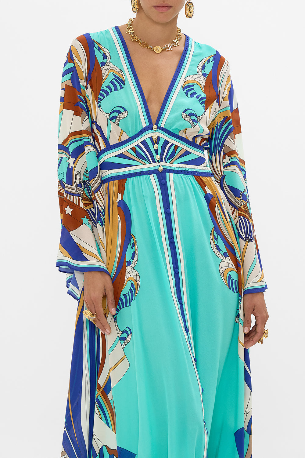 CAMILLA Kimono Sleeve Dress With Shirring Detail in Oasis Oracle.