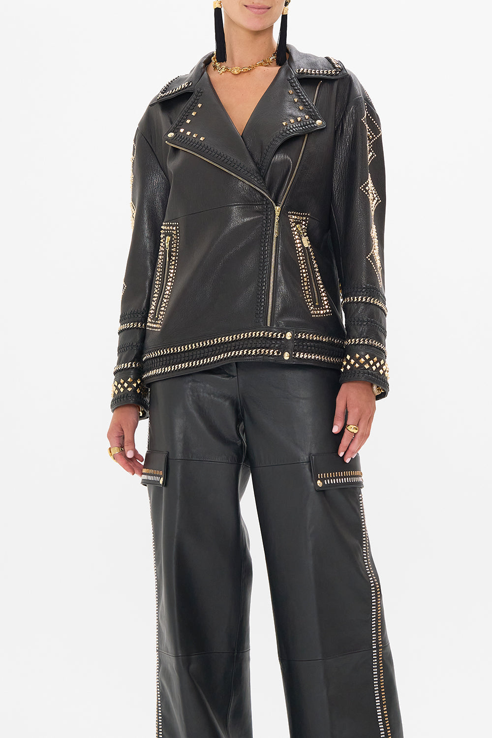 CAMILLA Black/Gold Oversized Leather Biker Jacket in They Called Her Nefertari print