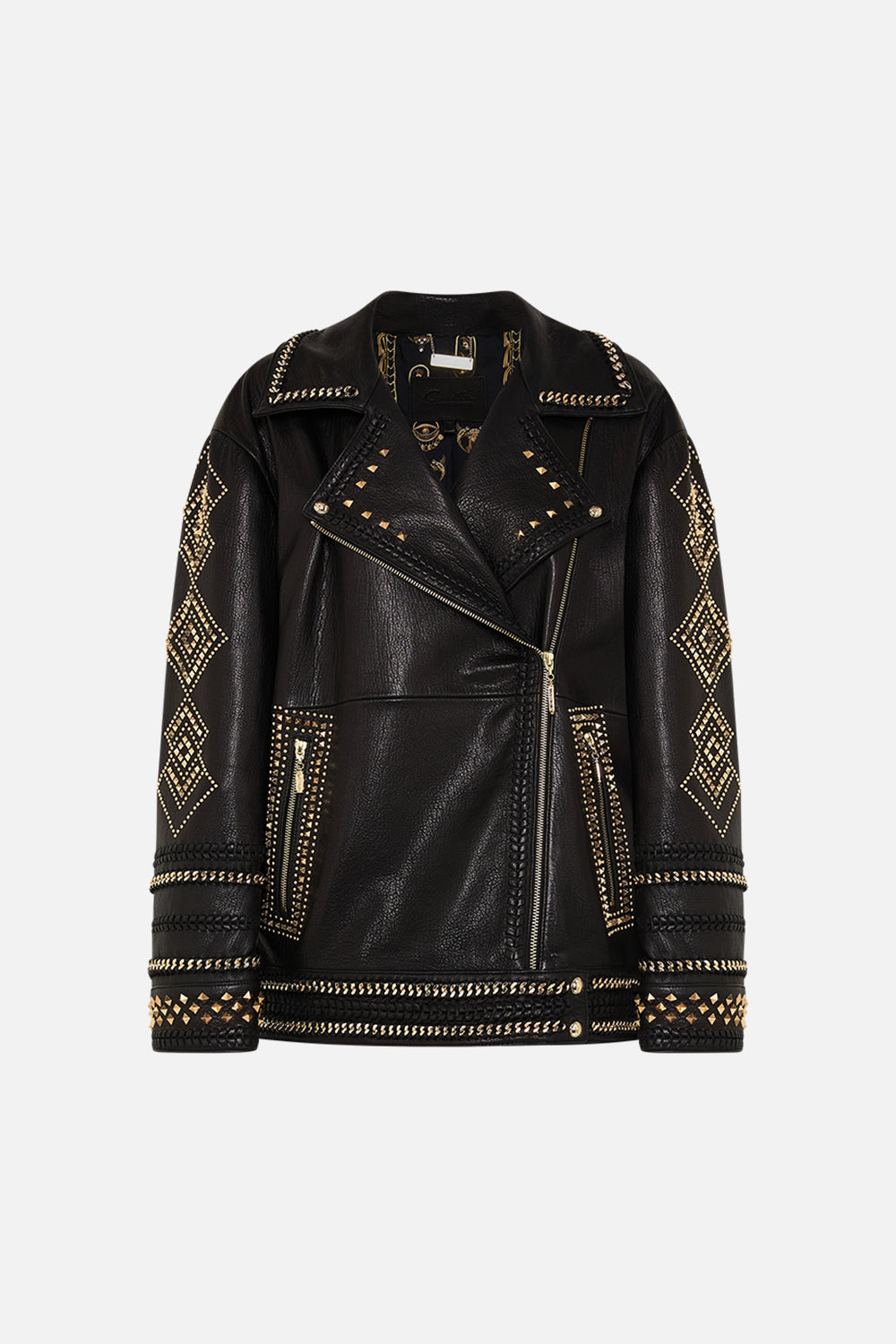 CAMILLA Black/Gold Oversized Leather Biker Jacket in They Called Her Nefertari print