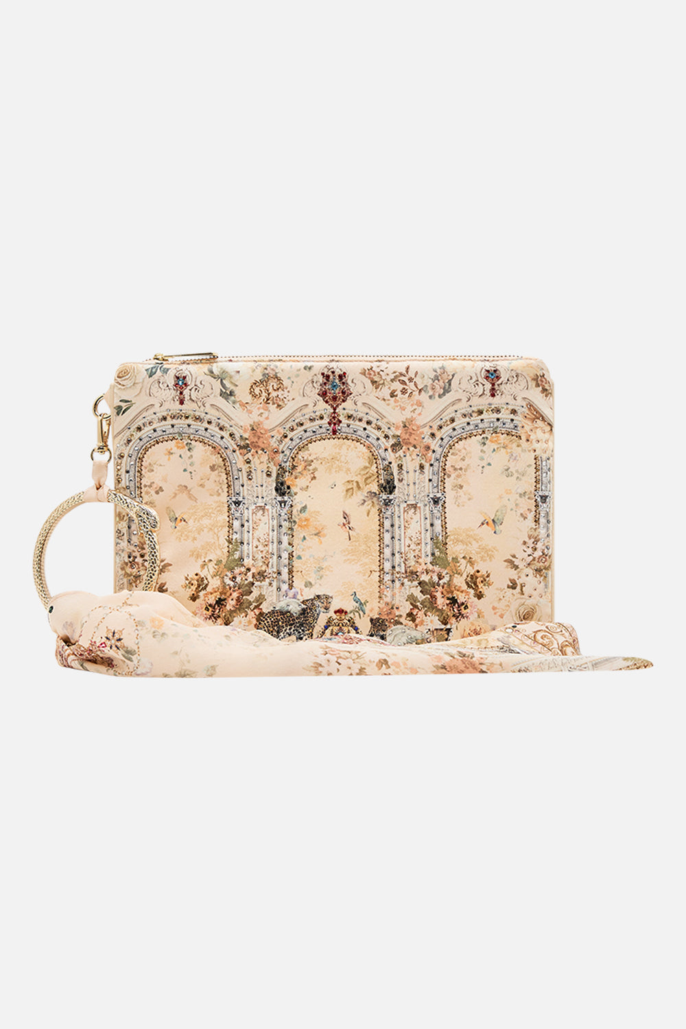 CAMILLA ring scarf clutch in Adorned in Antiquity print.