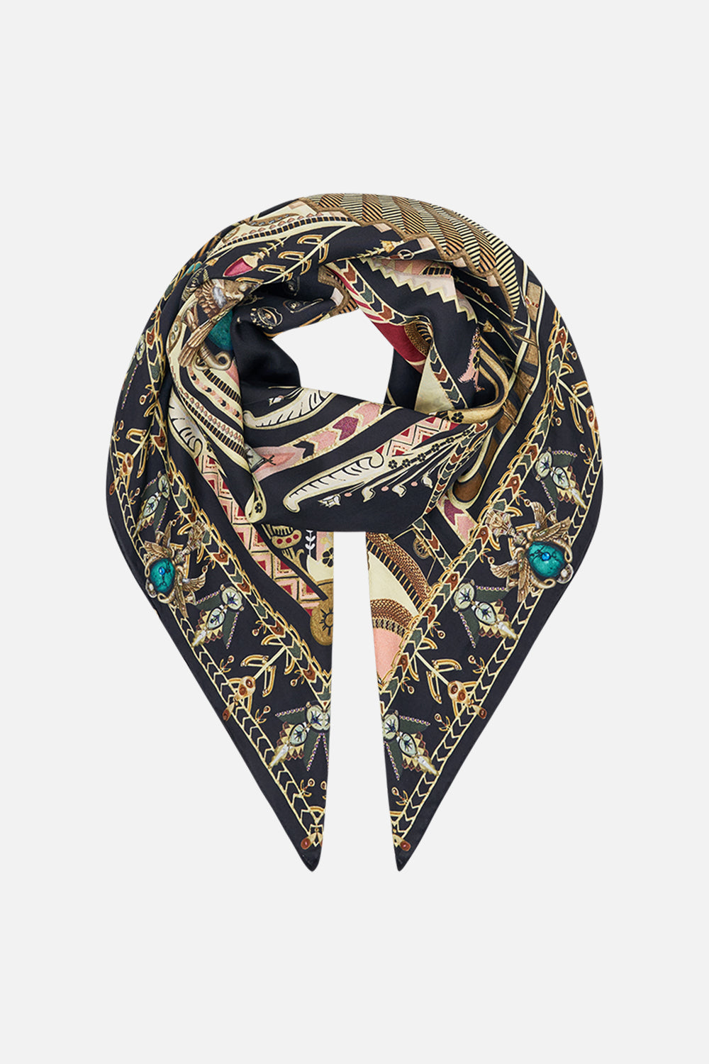CAMILLA Black/Gold Large Square Scarf in They Called Her Nefertari print.