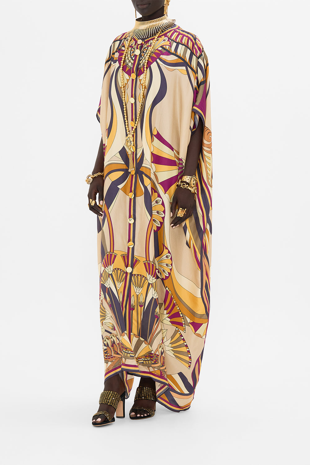 CAMILLA Button Through Batwing Kaftan Dress in Desert Delerium print.