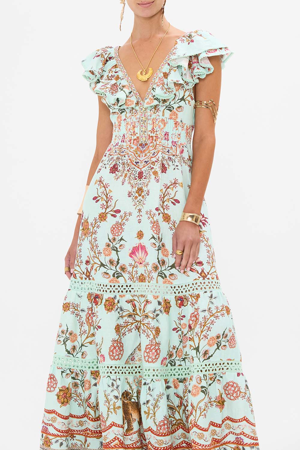 CAMILLA Tiered Dress with Neck Frill in Weaving Worlds print