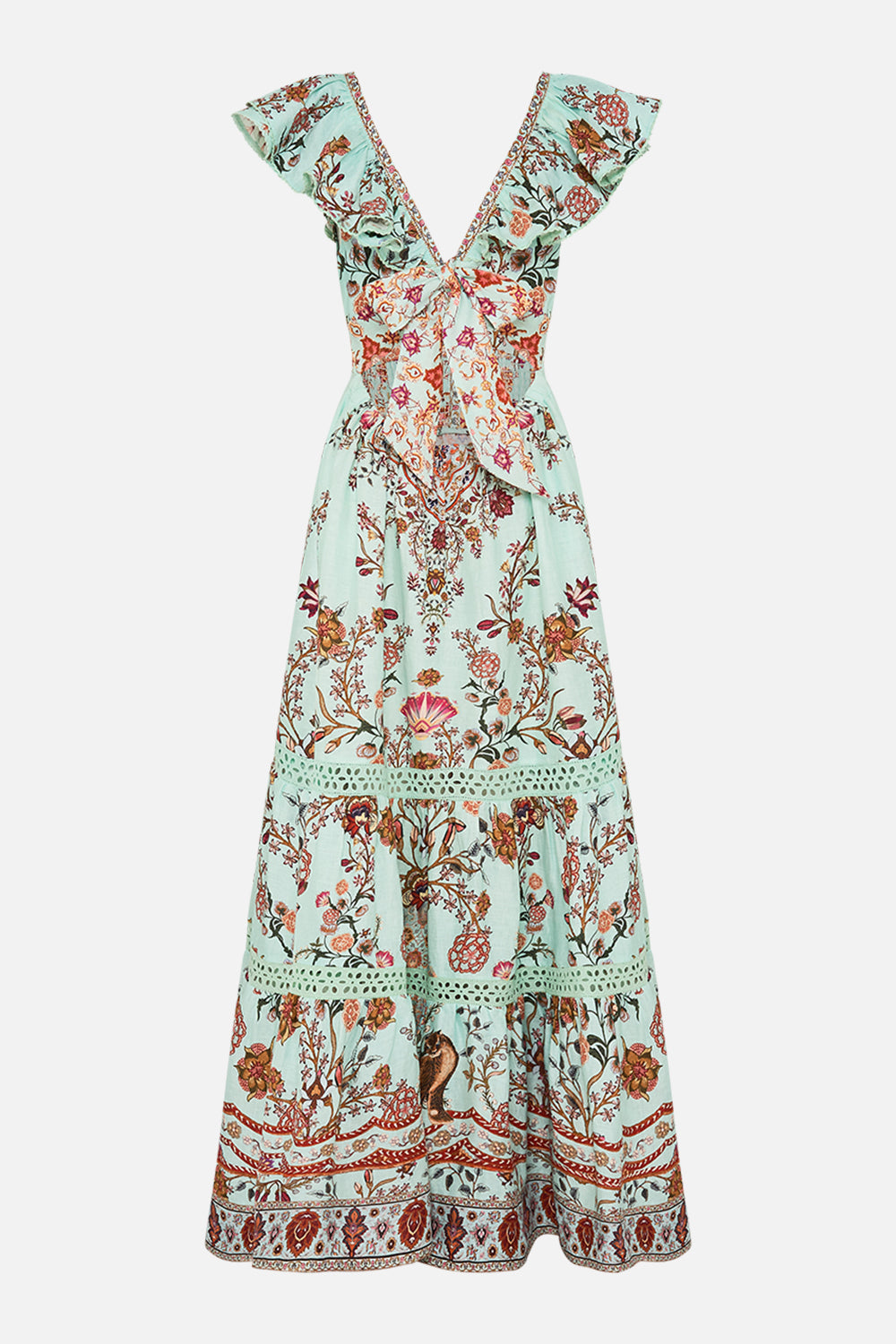 CAMILLA Tiered Dress with Neck Frill in Weaving Worlds print