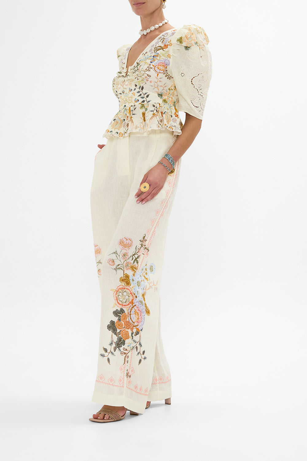 CAMILLA Puff Sleeve Top with Hardware in Honour of Heirlooms print